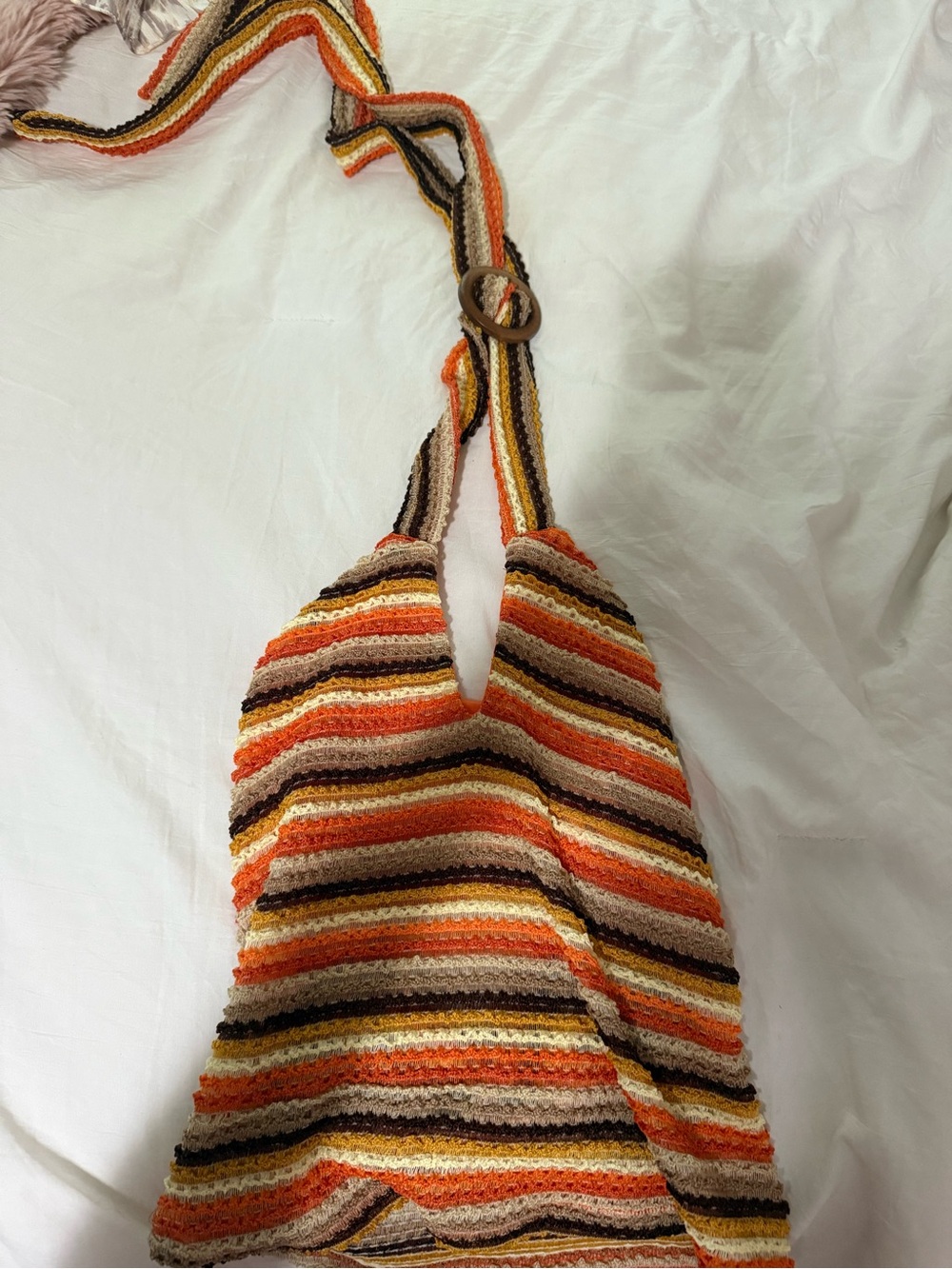 Striped Crochet Halter Top in Orange, Brown & Cream